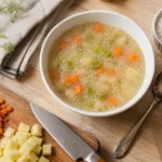 Soupe au tapioca aux grains translucides, texture perlée, vue du dessus.