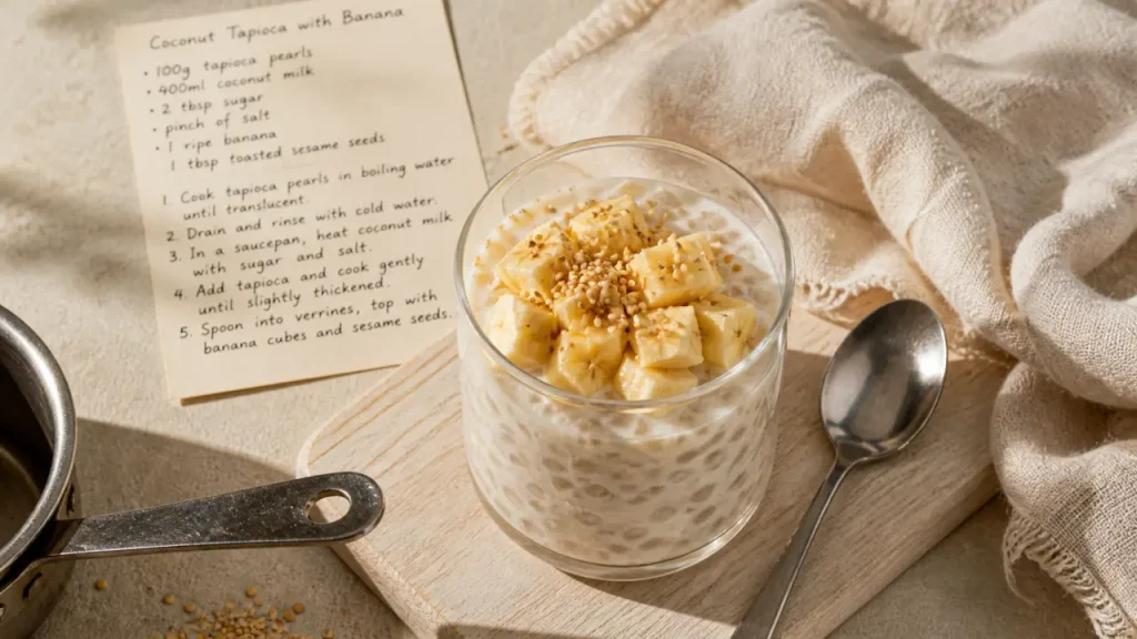 Verrine tapioca lait de coco, perles fondantes à la banane, lait coco et sésame
