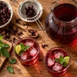 Bissap glacé rouge rubis, menthe et glaçons sur planche en bois