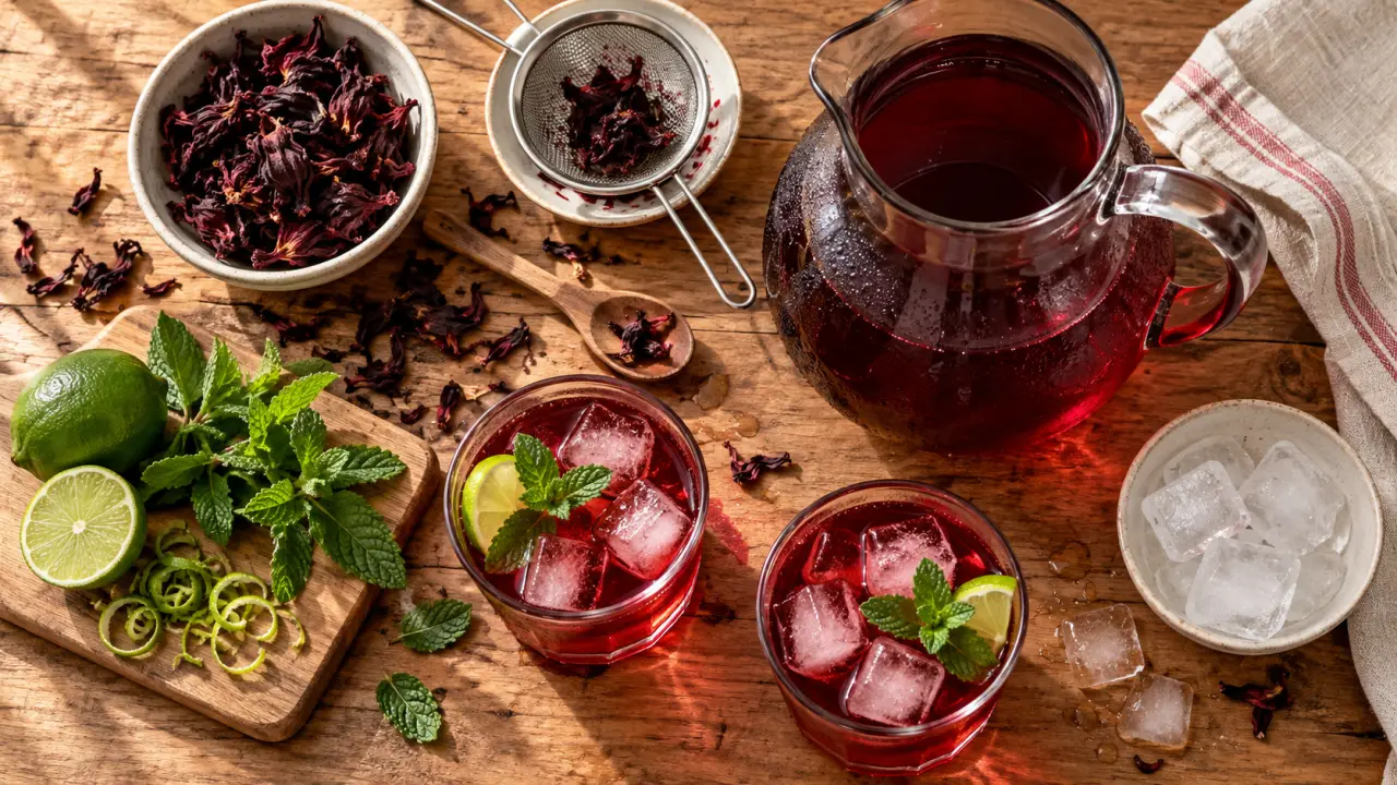 Bissap glacé rouge rubis, menthe et glaçons sur planche en bois