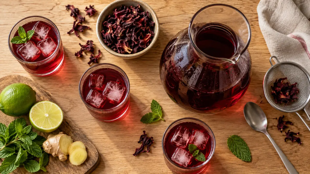 Bissap ingredient : ingrédients pour 1 litre, hibiscus, citron, menthe, gingembre
