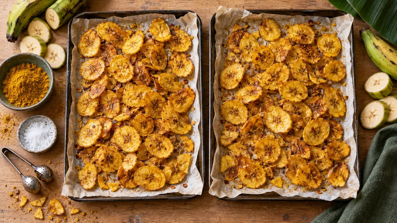 Chip banane plantain croustillantes, maturité et séchage