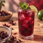 Cocktail bissap pourpre avec menthe et citron vert, glaçons