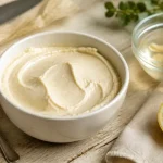 Crème noix de cajou lisse, prête en 30 minutes, bol blanc et spatule