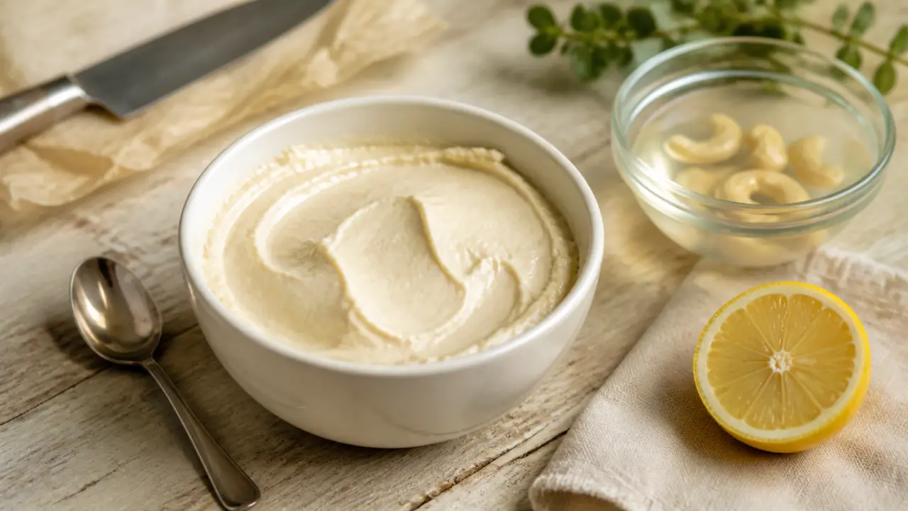Crème noix de cajou lisse, prête en 30 minutes, bol blanc et spatule