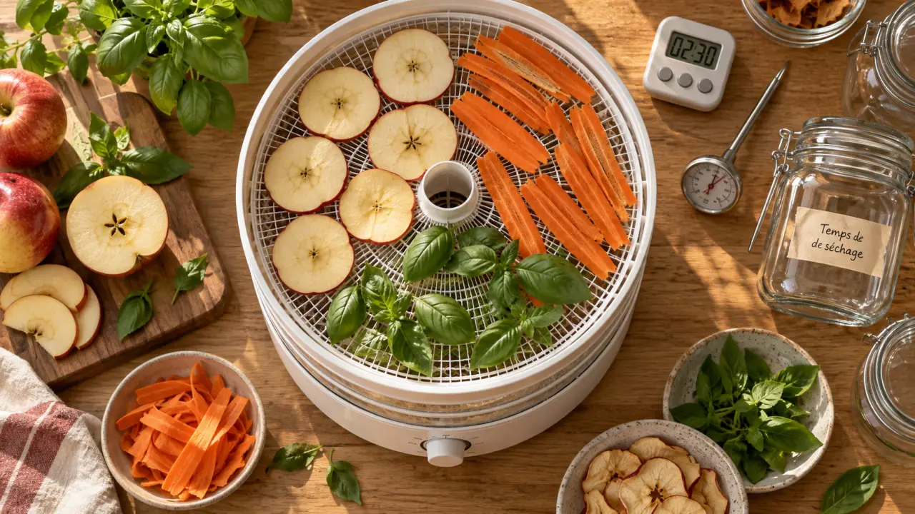 Déshydrateur alimentaire : fruits et herbes séchés en bocaux