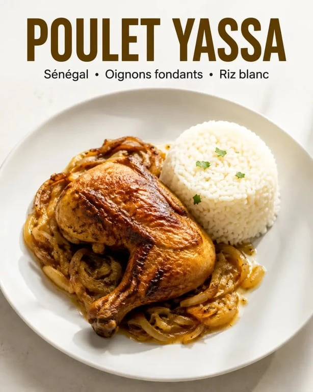 Recette du yassa poulet servie avec riz blanc et oignons fondants