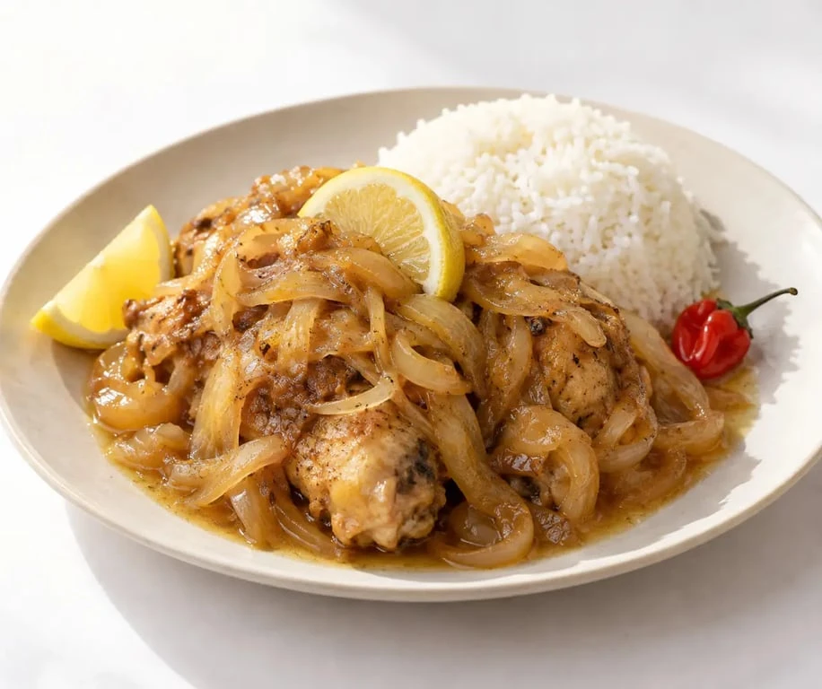 Sauces africaines : yassa d'oignons au citron servi avec du riz
