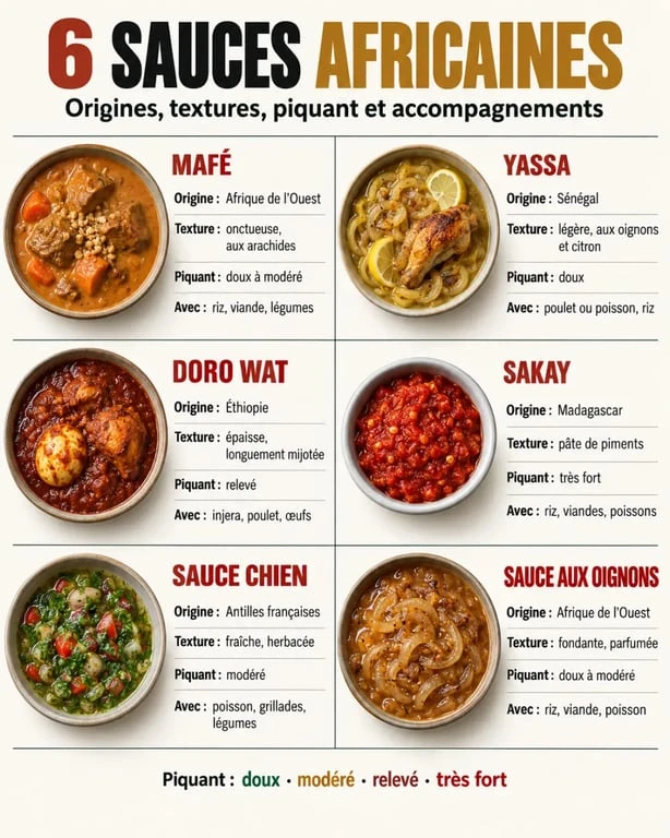 Infographie comparative des sauces africaines, du mafé au yassa et au doro wat