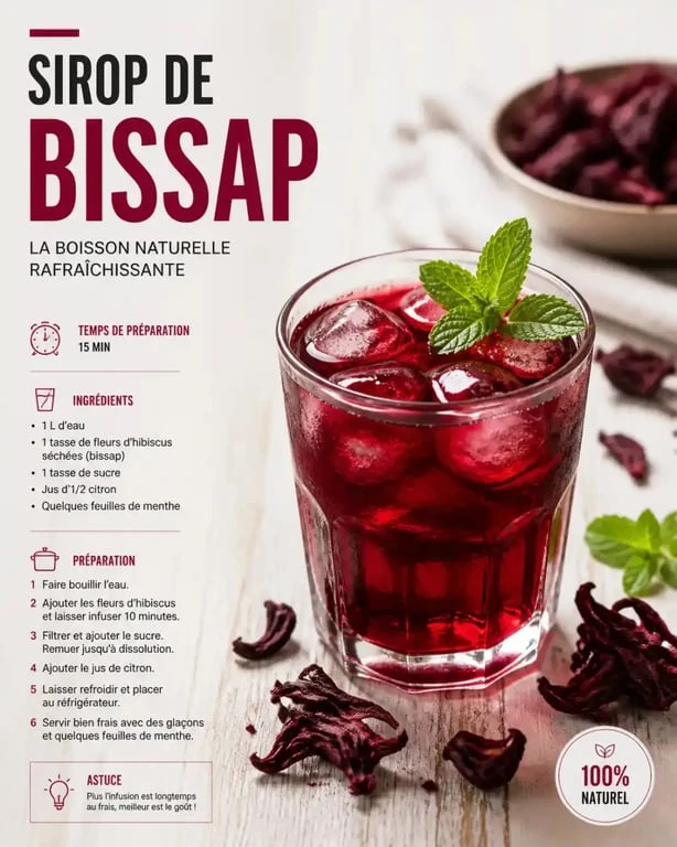 Sirop de bissap maison dans un verre avec des fleurs d'hibiscus séchées