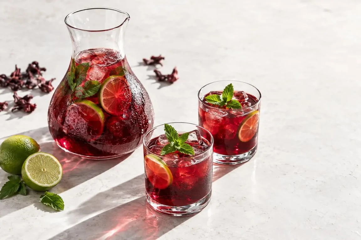 Bissap alcoolisé au rhum blanc servi avec glaçons, menthe et citron vert