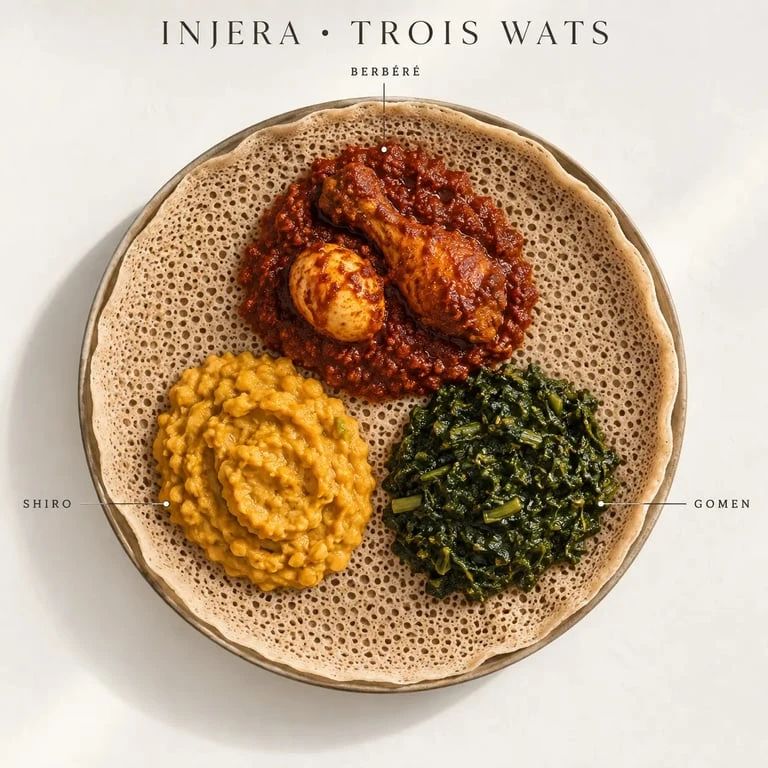 Plateau d'injera avec plats traditionnels illustrant la nourriture éthiopienne