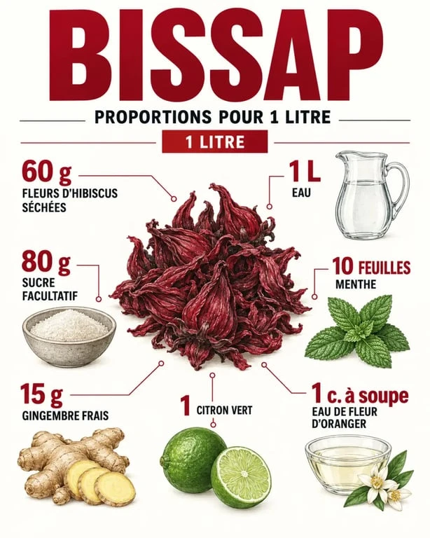 Bissap ingredient : fleurs d’hibiscus, eau, sucre et aromates pour préparer la boisson