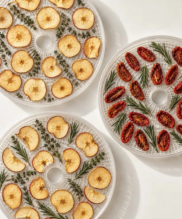 Plateaux de déshydrateur alimentaire garnis de fruits, légumes et herbes séchés