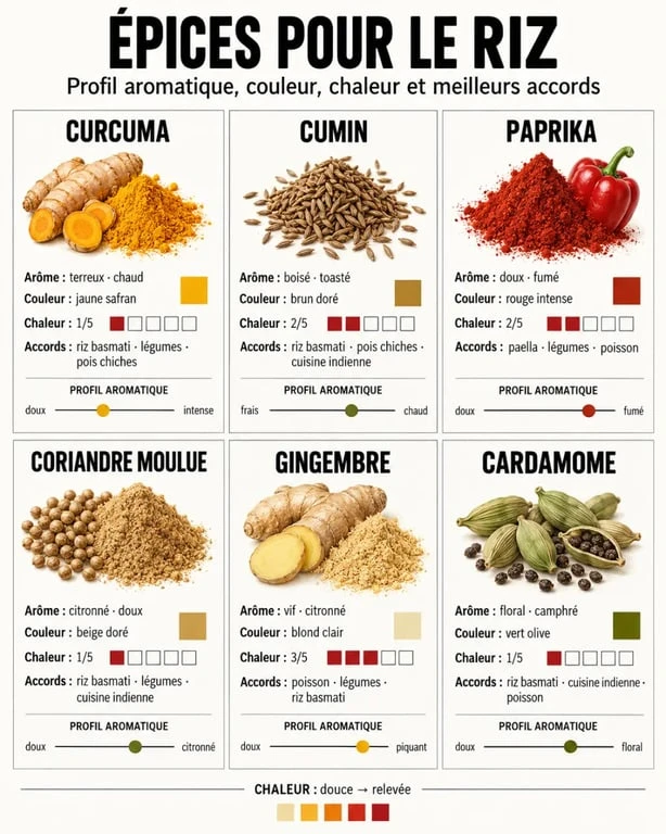 Infographie des meilleures épices pour riz et de leurs accords culinaires