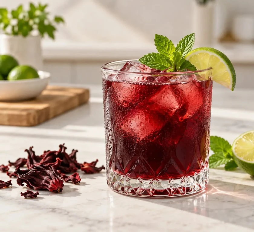 Cocktail bissap au rhum, citron vert et menthe dans un verre rempli de glaçons