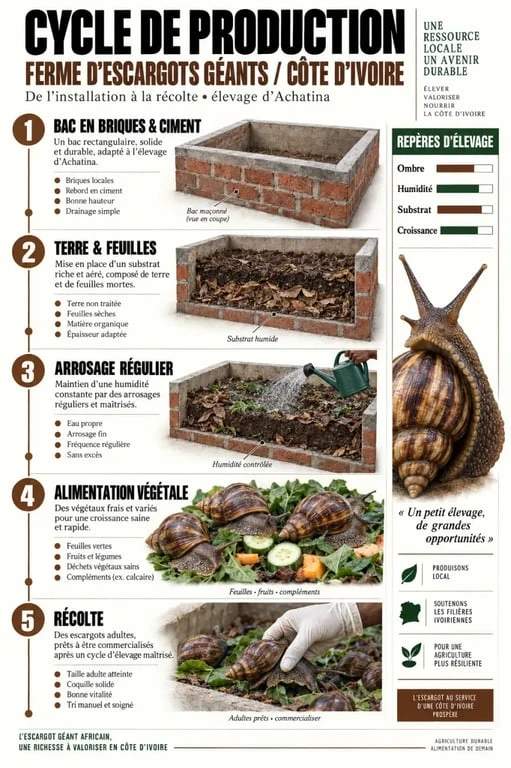 Schéma du cycle d'élevage d'escargot Côte d'Ivoire en ferme d'héliciculture