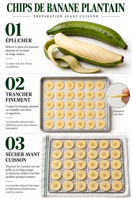 Étapes de préparation des chips de banane plantain avant la cuisson