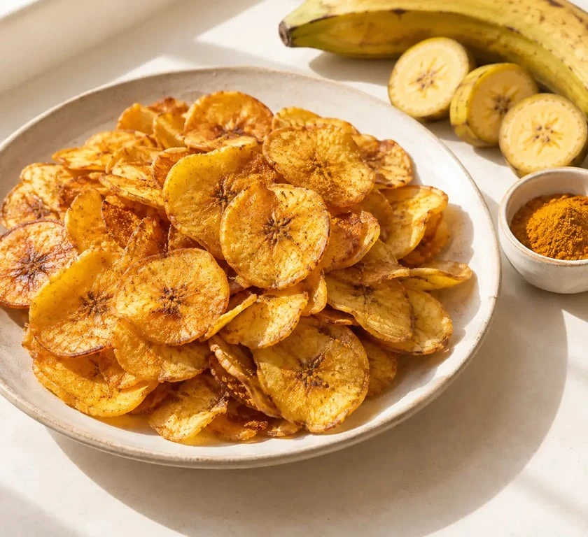 Chips de banane plantain maison croustillantes au curry et au piment