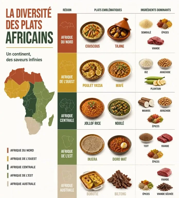 Infographie des plats africains emblématiques par région et ingrédients principaux