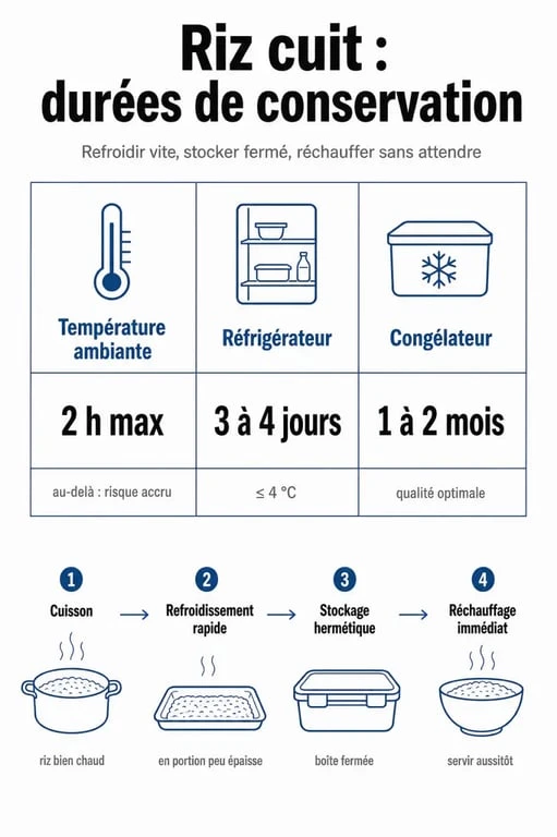 Conservation du riz cuit : tableau des durées et étapes de stockage