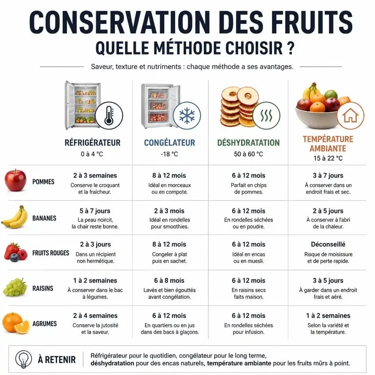 Infographie des méthodes de conservation des fruits pour éviter le gaspillage alimentaire