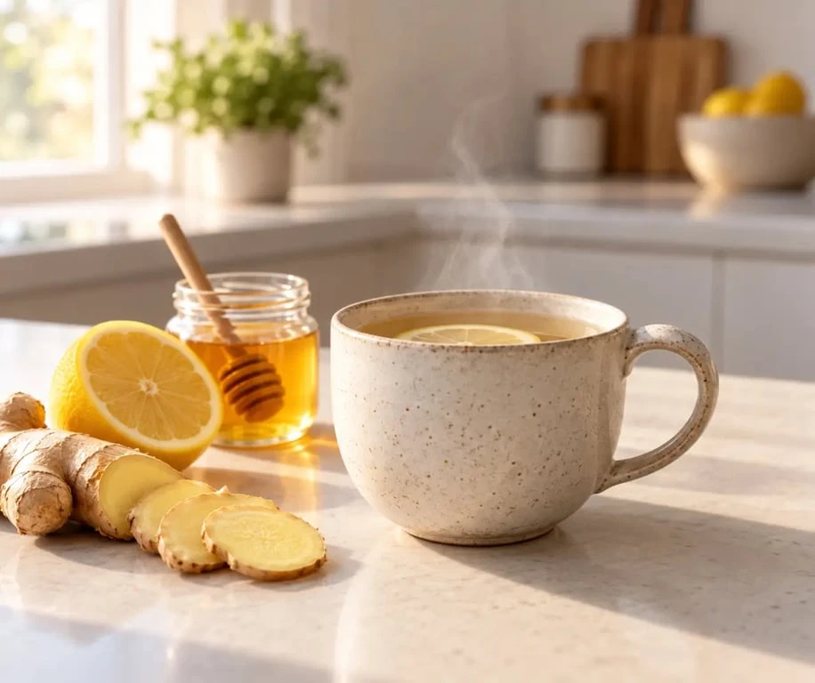 Gingembre infusion recette avec citron et miel servie dans une tasse