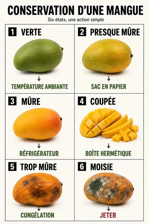 Conservation mangue : schéma des états du fruit et de la bonne action à faire