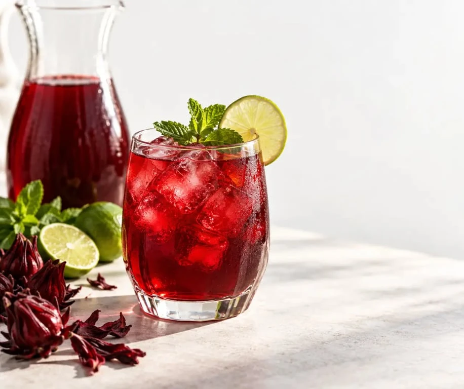 Bissap glacé rouge rubis avec menthe, citron vert et glaçons