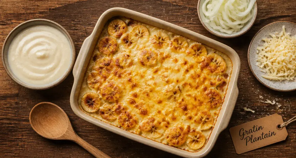 Gratin banane plantain antillais, croûte dorée et fromage gratiné