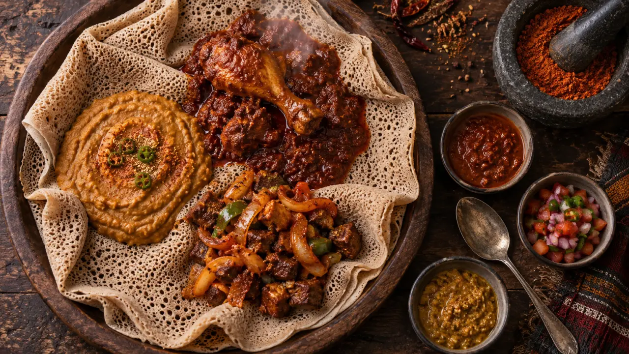 Nourriture Ethiopie : injera, wat rouge et shiro, plateau éthiopien