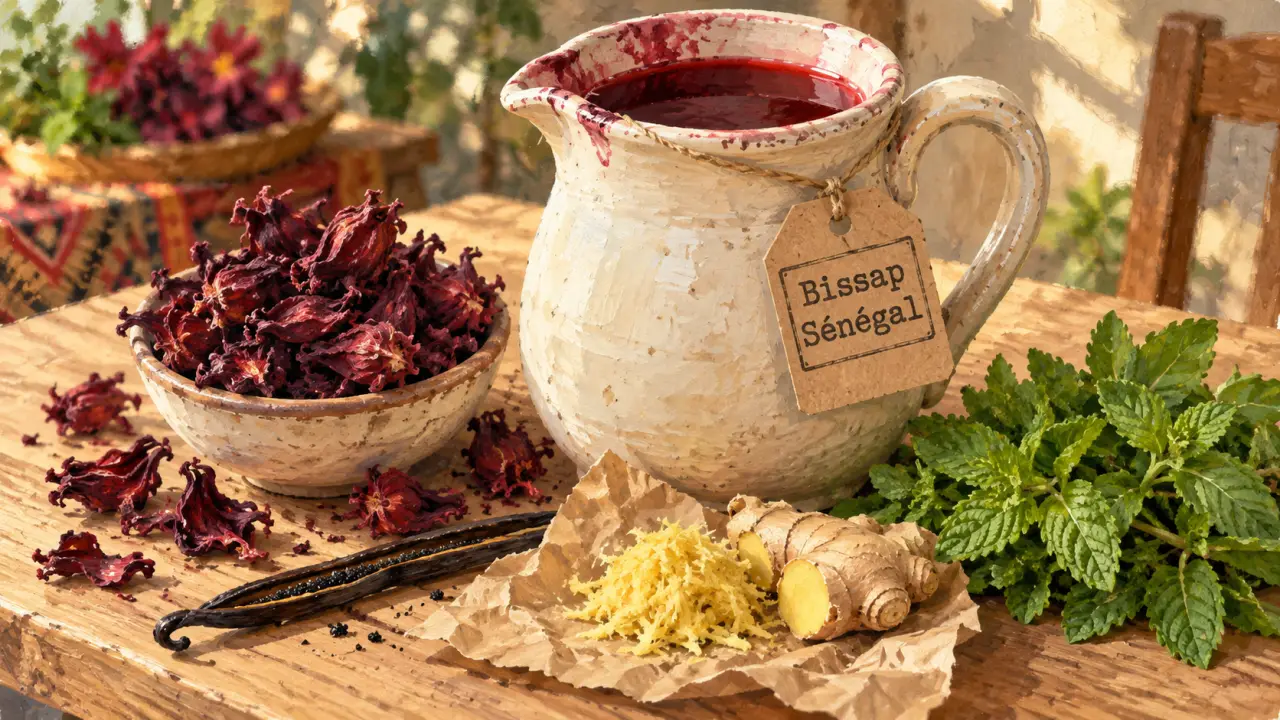 Bissap origine : calices d’hibiscus sénégalais en pichet rouge