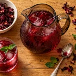Boisson africaine bissap dans une carafe en verre, hibiscus rouge et glaçons