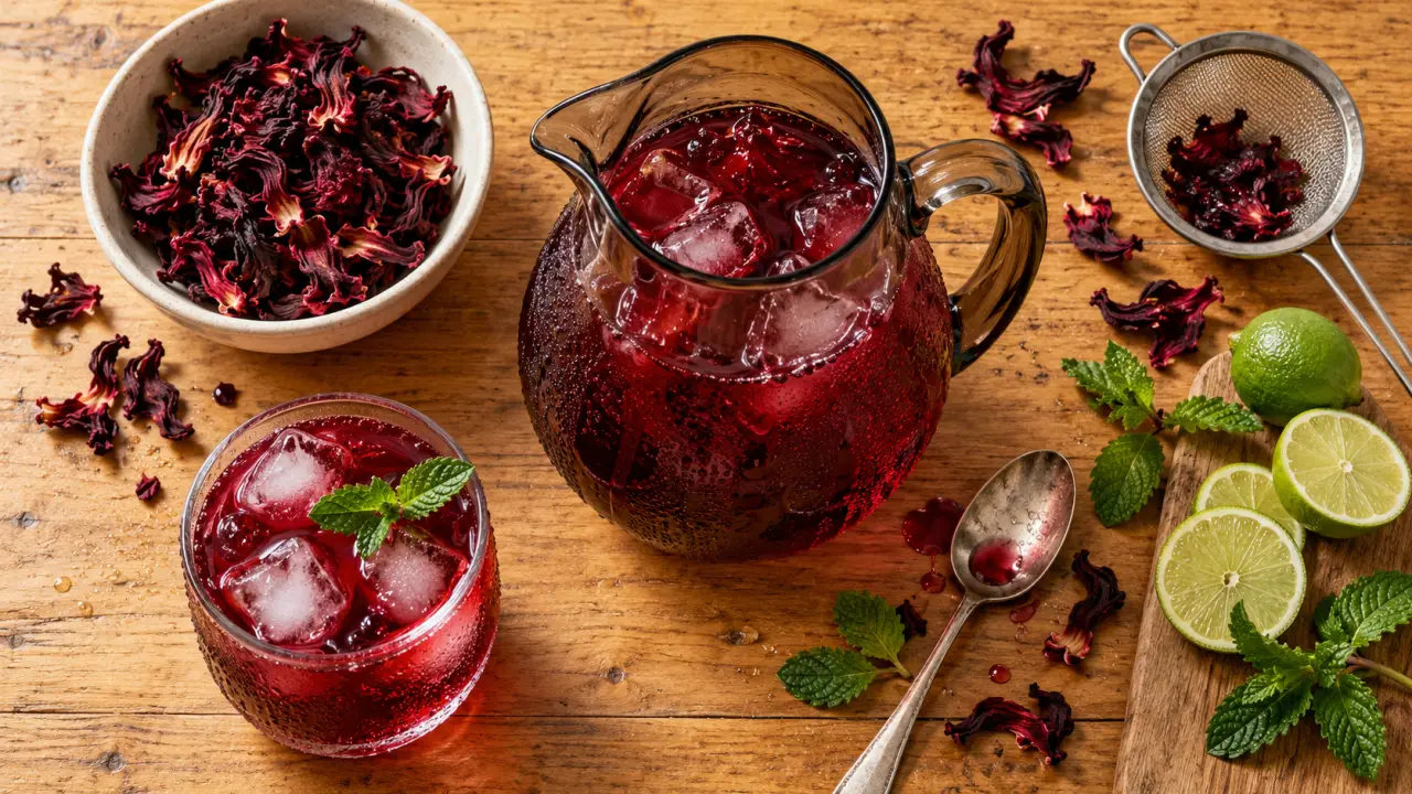 Boisson africaine bissap dans une carafe en verre, hibiscus rouge et glaçons