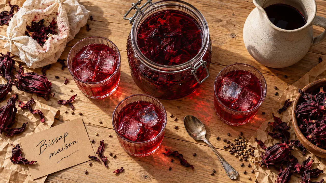 C’est quoi le bissap : infusion d’hibiscus rouge maison en bocal avec glaçons