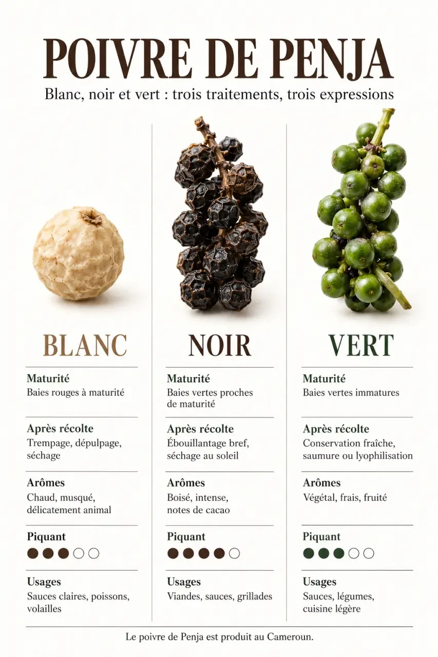 Infographie comparative des poivres de Penja blanc, noir et vert