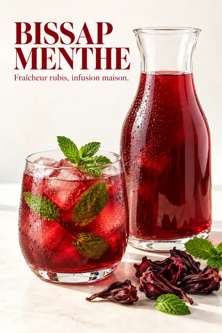 Bissap menthe maison servi bien frais avec des glaçons et de la menthe fraîche