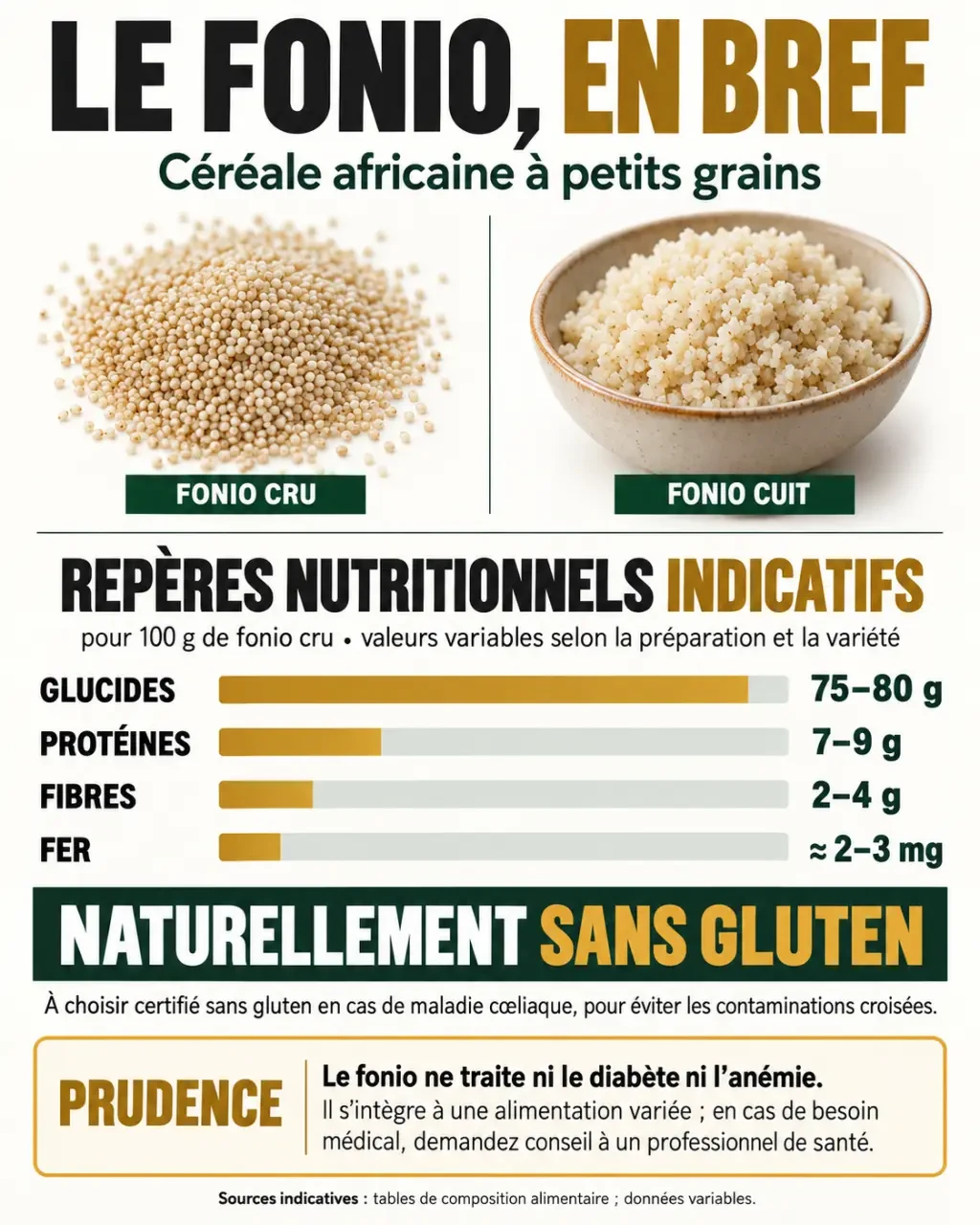 Infographie sur les fonio bienfaits, ses apports nutritionnels, son absence naturelle de gluten et ses limites pour la santé