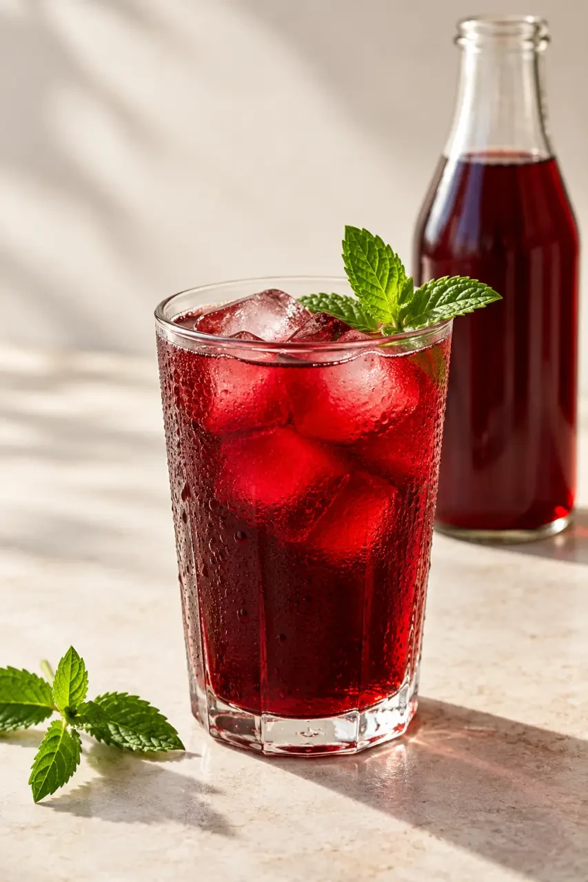 Boisson africaine bissap rouge servie fraîche avec menthe et glaçons