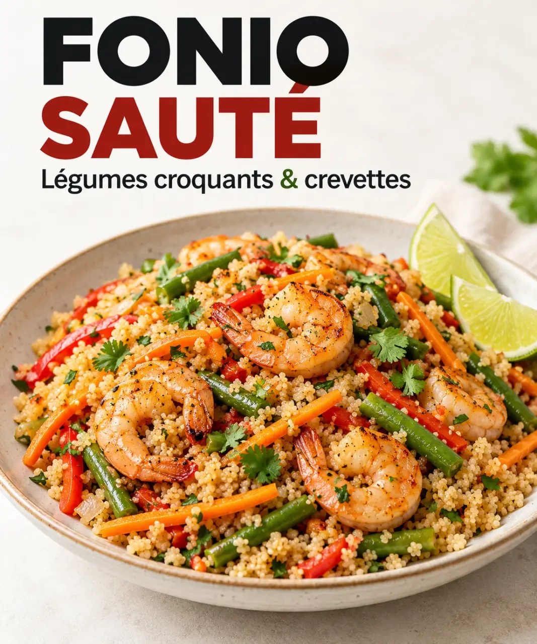 Fonio recette sauté aux légumes et aux crevettes servi avec du citron vert