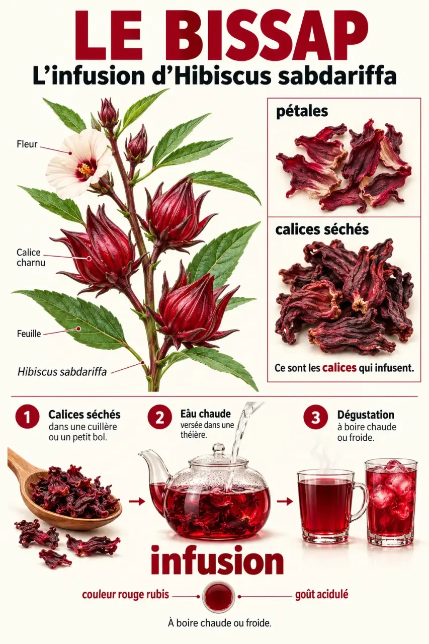 C’est quoi le bissap : des calices séchés d’Hibiscus sabdariffa transformés en infusion rouge