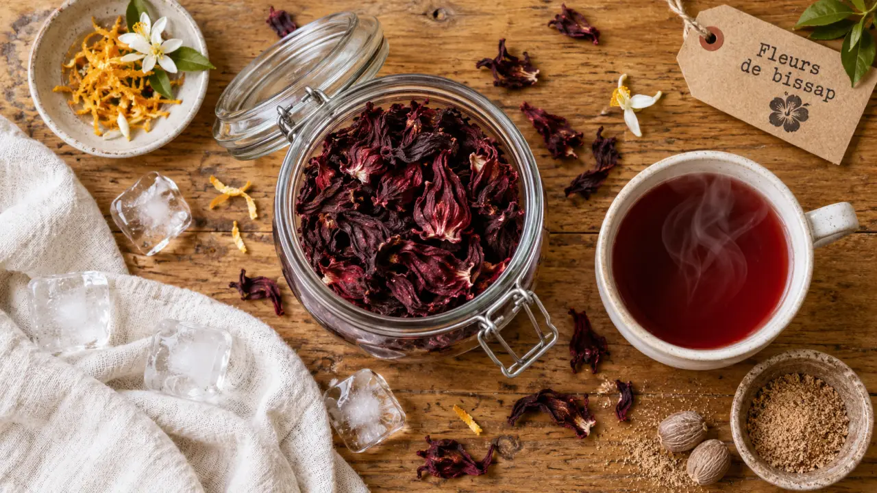 fleure bissap : calices d’hibiscus séchés et infusion rouge