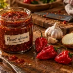 Piment africain : bocal de sauce rouge et piments frais