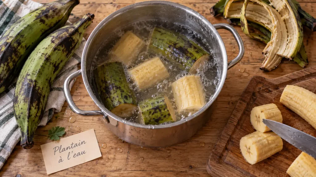 La banane plantain se cuit 5 à 15 minutes à l’eau, selon sa découpe
